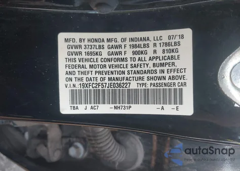 2018 Honda Civic Lx из США, поврежденный, VIN 19XFC2F57JE036227